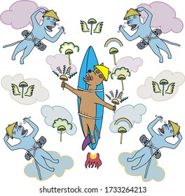magic mushrooms and surfer-dog flying high tied up to a rocket surfboard