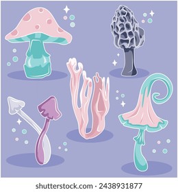 Magic mushrooms of unusual shapes and colors. Magical attributes hand-drawn in vector.