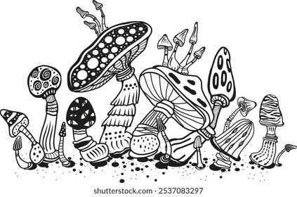 Magic mushrooms of various shape, black and white sketch