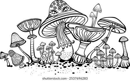 Magic mushrooms of various shape, black and white sketch