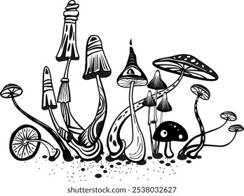 Magic mushrooms of various shape, black and white sketch