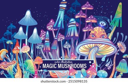 Magic mushrooms of various shape in mystical fairy forest, hand drawn vector illustration 