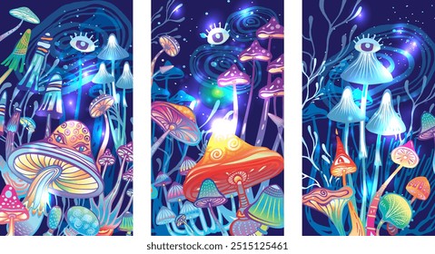 Magic mushrooms of various shape in mystical fairy forest, hand drawn vector illustration, Cute cover social network 