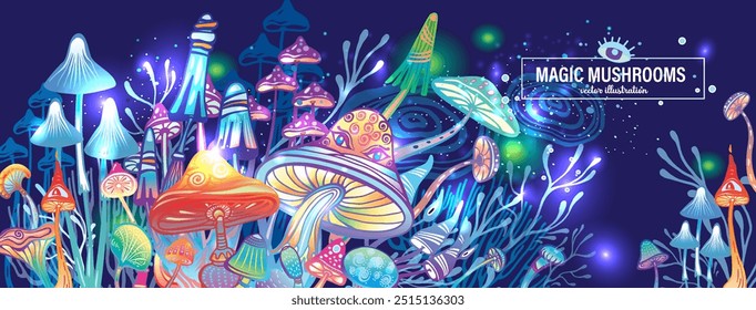 Magic mushrooms of various shape in mystical fairy forest, hand drawn vector illustration 