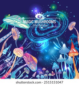 Magic mushrooms of various shape in mystical fairy forest, hand drawn vector illustration 