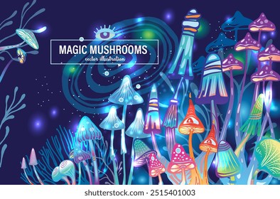 Magic mushrooms of various shape in mystical fairy forest, hand drawn vector illustration 