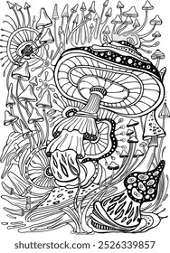 Magic mushrooms of various shape, vector illustration, coloring page