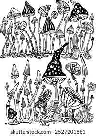 Magic mushrooms of various shape, vector illustration, coloring page