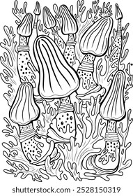 Magic mushrooms of various shape, vector illustration, coloring page