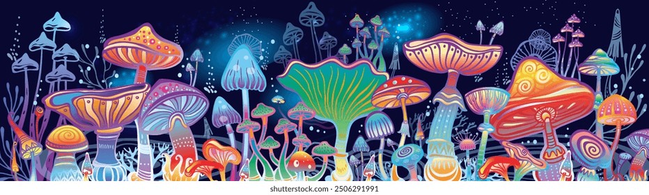 Magic mushrooms vector banner, hand drawn illustration