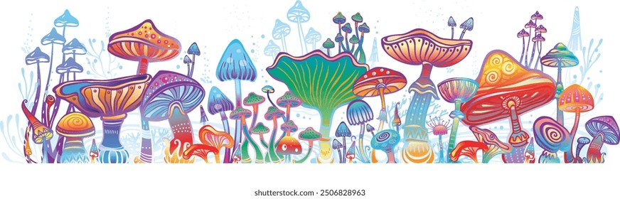 Magic mushrooms vector banner, hand drawn illustration