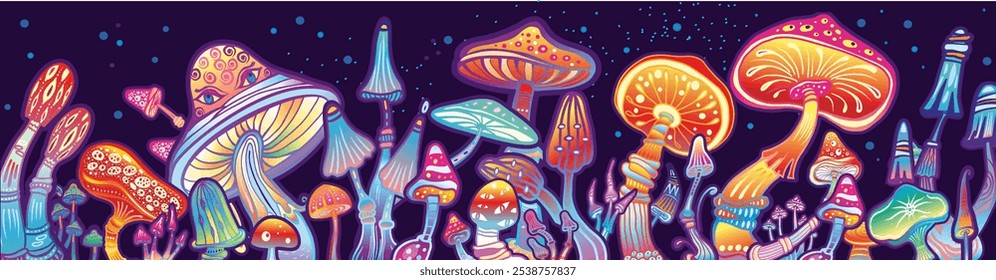 Magic mushrooms vector banner, hand drawn illustration