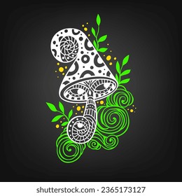Los hongos mágicos. Ilustración vectorial. Dibujo étnico de las flores. Hongo decorativo Para hippie de fiesta, psilocybin de alucinación 60, 70