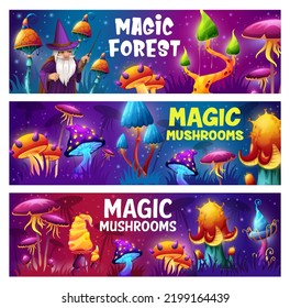 Magic Mushrooms And Wizard In Fantasy Forest. Cartoon Vector Banners With Old Sorcerer And Magic Fungi In Fairy Wood. Cards With Strange Unusual Fairytale Plants, Alien Nature And Magician With Wand