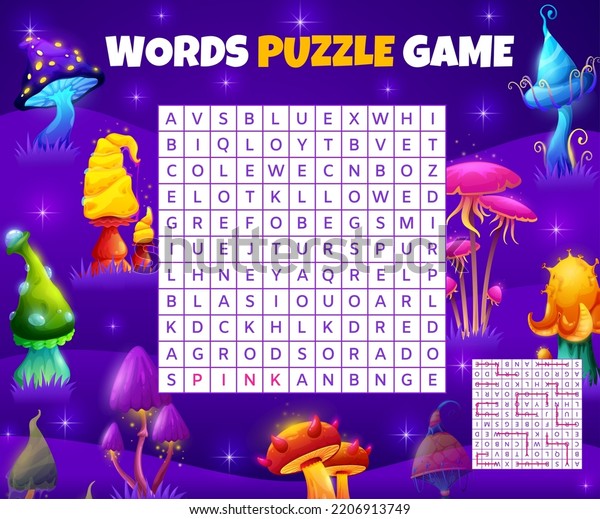 Magic mushrooms. Word search puzzle game\
worksheet. Children educational text game or vocabulary quiz, kids\
word search intelligence test or riddle vector page with magical\
fantasy, glowing\
mushrooms