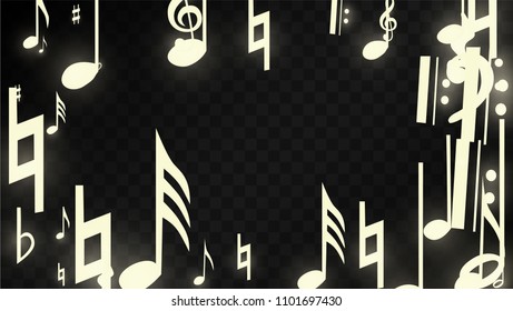 Magic Musical Notes on Black Background. Vector Luminous Musical Symbols. 
 Many Random Falling Notes, Bass and Treble Clef.
 Magic Jazz Background.  Abstract Black and White Vector Illustration.