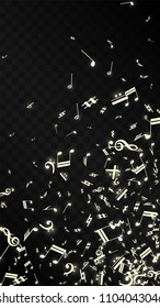 Magic Musical Notes on Black Background. Vector Luminous Musical Symbols. 
 Many Random Falling Notes, Bass and Treble Clef.
 Jazz Background.  Abstract Black and White Vector Illustration.