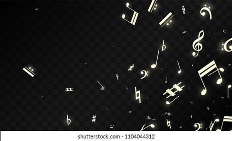 Magic Musical Notes on Black Background. Vector Luminous Musical Symbols. 
 Many Random Falling Notes, Bass and Treble Clef.
 Magic Jazz Background.  Abstract Black and White Vector Illustration.