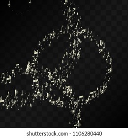 Magic Musical Notes on Black Background. Vector Luminous Musical Symbols. 
 Many Random Falling Notes, Bass and Treble Clef.
 Jazz Background.  Abstract Black and White Vector Illustration.
