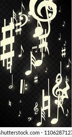 Magic Musical Notes on Black Background. Vector Luminous Musical Symbols. 
 Many Random Falling Notes, Bass and Treble Clef.
 Magic Jazz Background.  Abstract Black and White Vector Illustration.