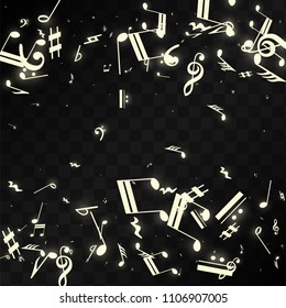 Magic Musical Notes on Black Background. Vector Luminous Musical Symbols. 
 Many Random Falling Notes, Bass and Treble Clef.
 Magic Jazz Background.  Abstract Black and White Vector Illustration.