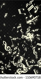 Magic Musical Notes on Black Background. Vector Luminous Musical Symbols. 
 Many Random Falling Notes, Bass and Treble Clef.
 Magic Jazz Background.  Abstract Black and White Vector Illustration.
