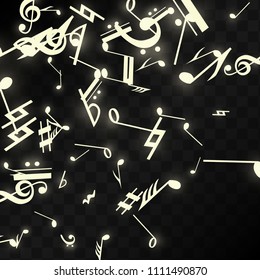 Magic Musical Notes on Black Background. Vector Luminous Musical Symbols. 
 Many Random Falling Notes, Bass and Treble Clef.
 Jazz Background.  Abstract Black and White Vector Illustration.