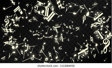 Magic Musical Notes on Black Background. Vector Luminous Musical Symbols. 
 Many Random Falling Notes, Bass and Treble Clef.
 Jazz Background.  Abstract Black and White Vector Illustration.