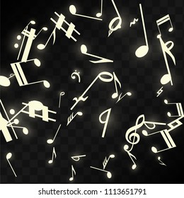 Magic Musical Notes on Black Background. Vector Luminous Musical Symbols. 
 Many Random Falling Notes, Bass and Treble Clef.
 Jazz Background.  Abstract Black and White Vector Illustration.