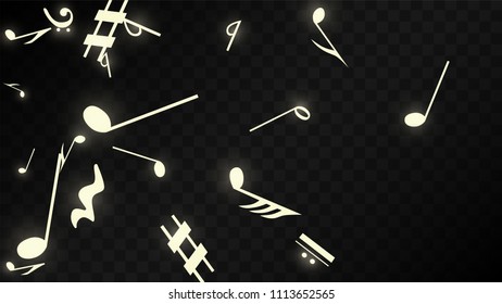 Magic Musical Notes on Black Background. Vector Luminous Musical Symbols. 
 Many Random Falling Notes, Bass and Treble Clef.
 Jazz Background.  Abstract Black and White Vector Illustration.