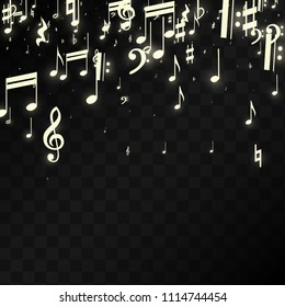 Magic Musical Notes on Black Background. Vector Luminous Musical Symbols. 
 Many Random Falling Notes, Bass and Treble Clef.
 Magic Jazz Background.  Abstract Black and White Vector Illustration.
