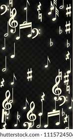 Magic Musical Notes on Black Background. Vector Luminous Musical Symbols. 
 Many Random Falling Notes, Bass and Treble Clef.
 Magic Jazz Background.  Abstract Black and White Vector Illustration.