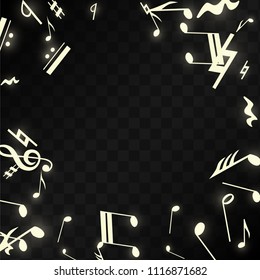 Magic Musical Notes on Black Background. Vector Luminous Musical Symbols. 
 Many Random Falling Notes, Bass and Treble Clef.
 Magic Jazz Background.  Abstract Black and White Vector Illustration.
