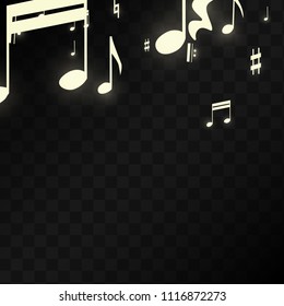 Magic Musical Notes on Black Background. Vector Luminous Musical Symbols. 
 Many Random Falling Notes, Bass and Treble Clef.
 Magic Jazz Background.  Abstract Black and White Vector Illustration.
