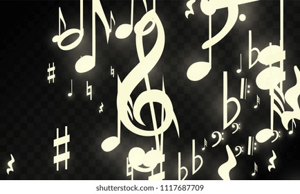 Magic Musical Notes on Black Background. Vector Luminous Musical Symbols. 
 Many Random Falling Notes, Bass and Treble Clef.
 Magic Jazz Background.  Abstract Black and White Vector Illustration.