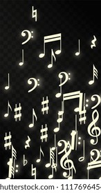 Magic Musical Notes on Black Background. Vector Luminous Musical Symbols. 
 Many Random Falling Notes, Bass and Treble Clef.
 Jazz Background.  Abstract Black and White Vector Illustration.