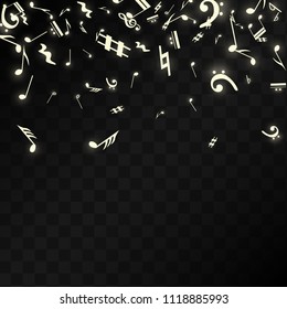 Magic Musical Notes on Black Background. Vector Luminous Musical Symbols. 
 Many Random Falling Notes, Bass and Treble Clef.
 Magic Jazz Background.  Abstract Black and White Vector Illustration.
