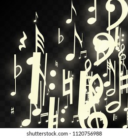 Magic Musical Notes on Black Background. Vector Luminous Musical Symbols. 
 Many Random Falling Notes, Bass and Treble Clef.
 Magic Jazz Background.  Abstract Black and White Vector Illustration.
