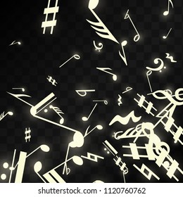 Magic Musical Notes on Black Background. Vector Luminous Musical Symbols. 
 Many Random Falling Notes, Bass and Treble Clef.
 Magic Jazz Background.  Abstract Black and White Vector Illustration.