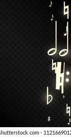Magic Musical Notes on Black Background. Vector Luminous Musical Symbols. 
 Many Random Falling Notes, Bass and Treble Clef.
 Jazz Background.  Abstract Black and White Vector Illustration.