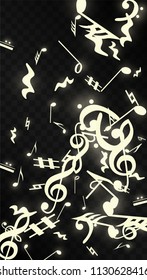 Magic Musical Notes on Black Background. Vector Luminous Musical Symbols. 
 Many Random Falling Notes, Bass and Treble Clef.
 Jazz Background.  Abstract Black and White Vector Illustration.