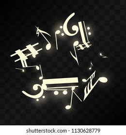 Magic Musical Notes on Black Background. Vector Luminous Musical Symbols. 
 Many Random Falling Notes, Bass and Treble Clef.
 Jazz Background.  Abstract Black and White Vector Illustration.