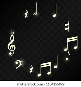 Magic Musical Notes on Black Background. Vector Luminous Musical Symbols. Many Random Falling Notes, Bass and Treble Clef.
 Magic Jazz Background.  Abstract Black and White Vector Illustration.