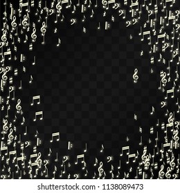Magic Musical Notes on Black Background. Vector Luminous Musical Symbols. 
 Many Random Falling Notes, Bass and Treble Clef.
 Magic Jazz Background.  Abstract Black and White Vector Illustration.