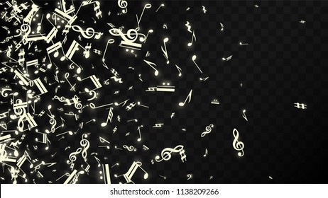 Magic Musical Notes on Black Background. Vector Luminous Musical Symbols. 
 Many Random Falling Notes, Bass and Treble Clef.
 Magic Jazz Background.  Abstract Black and White Vector Illustration.
