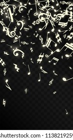 Magic Musical Notes on Black Background. Vector Luminous Musical Symbols. 
 Many Random Falling Notes, Bass and Treble Clef.
 Magic Jazz Background.  Abstract Black and White Vector Illustration.