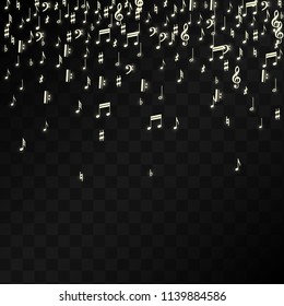 Magic Musical Notes on Black Background. Vector Luminous Musical Symbols. 
 Many Random Falling Notes, Bass and Treble Clef.
 Jazz Background.  Abstract Black and White Vector Illustration.