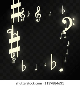 Magic Musical Notes on Black Background. Vector Luminous Musical Symbols. 
 Many Random Falling Notes, Bass and Treble Clef.
 Jazz Background.  Abstract Black and White Vector Illustration.