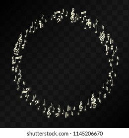 Magic Musical Notes on Black Background. Vector Luminous Musical Symbols. 
 Many Random Falling Notes, Bass and Treble Clef.
 Jazz Background.  Abstract Black and White Vector Illustration.