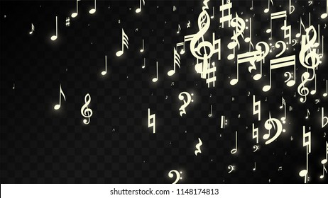 Magic Musical Notes on Black Background. Vector Luminous Musical Symbols. 
 Many Random Falling Notes, Bass and Treble Clef.
 Jazz Background.  Abstract Black and White Vector Illustration.